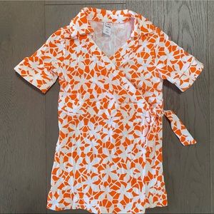 DVF for GAP Faux Wrap Romper in Orange Floral Pattern